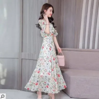 

Korean-style Swinging Skirt Female Summer Flounced Sleeves High-waisted over-the-Knee Immortal Large Size Floral-Print Short-sle