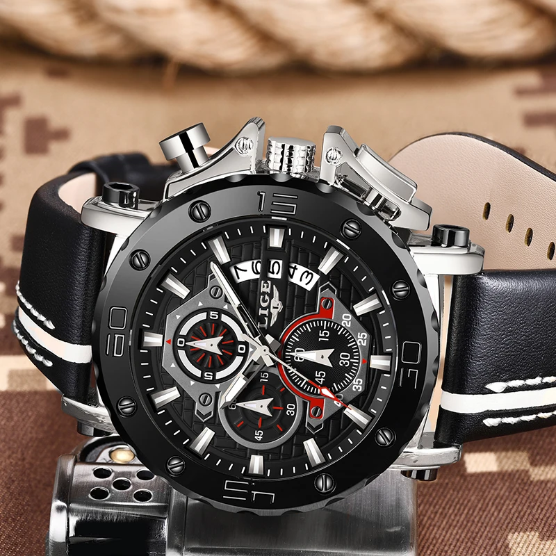 

2020 LIGE Fashion Mens Watches Top Luxury Brand Men Leather Sports Military Waterproof Date Dial Big Watch Relogio Masculino