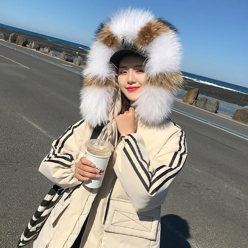 

Large Fur Collar Cotton Coat Mid-length 2019 Europe And America Winter WOMEN'S Dress New Style Ladies' over-the-Knee Slimming Lo