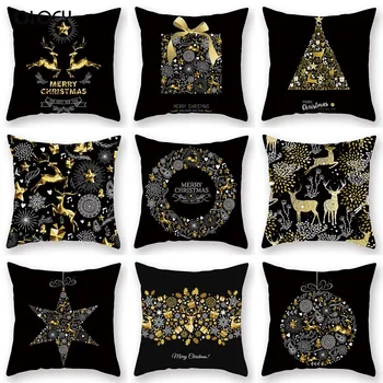 

45 * 45 Cm Christmas Golden Elk Gift Black Pillowcase Border New Printed Peach Cashmere Pillow Case Office Seat Back Decoration.