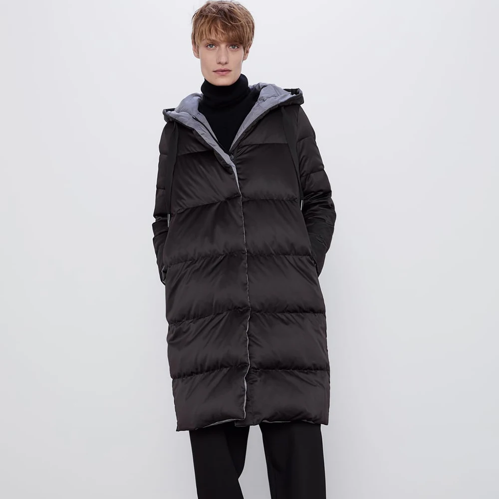 

ZA Double-sided Down Jacket Women's Autumn and Winter Hooded Long-sleeved British Loose Mid-length Down Jacket