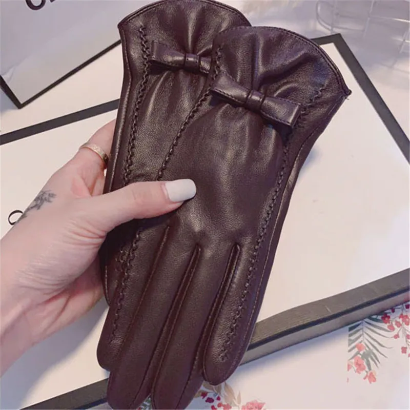 A Style Brown Женские перчатки из овечьей кожи на осень и зиму с милым бантиком и тепловым бархатом для вождения, перчатки из натуральной кожи 1205 - Цвет: A Style Brown