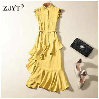 

High Quality Europe Fashion Runway Dress Women 2020 New Spring Summer Sleeveless Irregular Ruffles Patchwork Solid Party Dress
