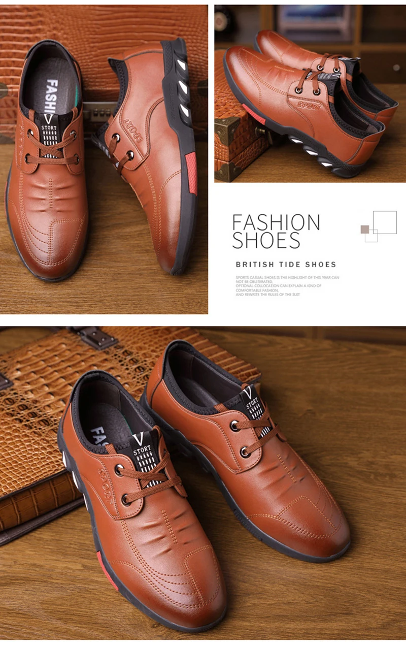 Merkmak New Autumn Men Leather Casual Shoes Classic Lace-up Business Flats Fashion British Style Increasing Shoes Big Size
