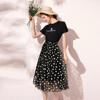 

Summer 2 Piece Set Women Embroidered Cotton Base Shirt Mesh Printing Daisy Skirt Two-Piece Set Roupas Feminina K6922