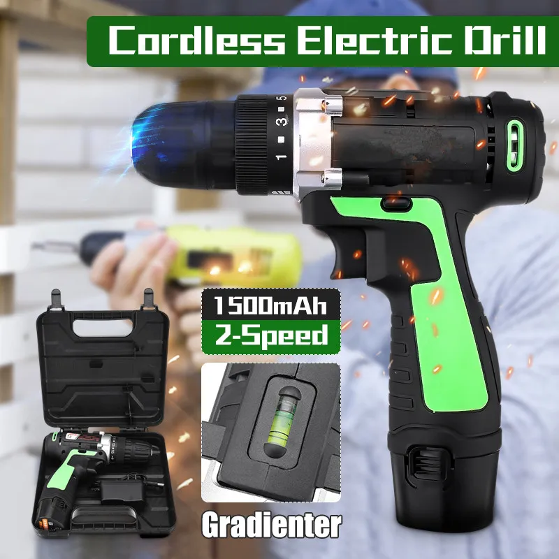

220V 12V 2 Speed Wireless Cordless Electric Screwdriver Impact Drill Rechargeable Lithium-ion Battery With LED Light Power Tools