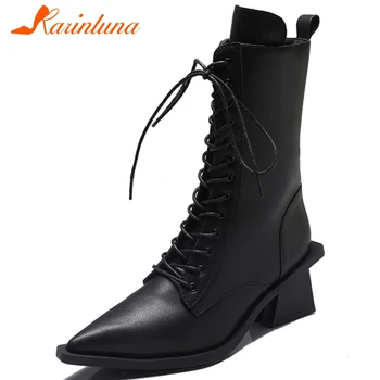 

KARINLUNA New Fashion Lady Cross Tied Party Office Boots Women 2020 Fashion Pointed Toe Zip Ankle Boots Chunky Heels Shoes Woman