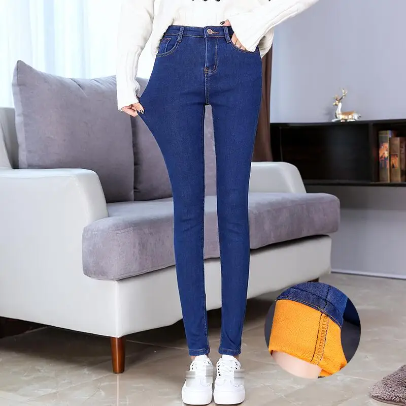 Новые женские брюки-скинни джинсы зимние плотные бархатные тонкие зимние теплые длинные брюки женские с высокой посадкой джинсы карандаш брюки - Цвет: 105 blue yellow