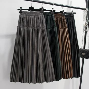 

Autumn Winter Boho Long Velvet Skirt Patchwork Pleuche A-line Pleated Maxi Long Skirts Green Gray Coffee