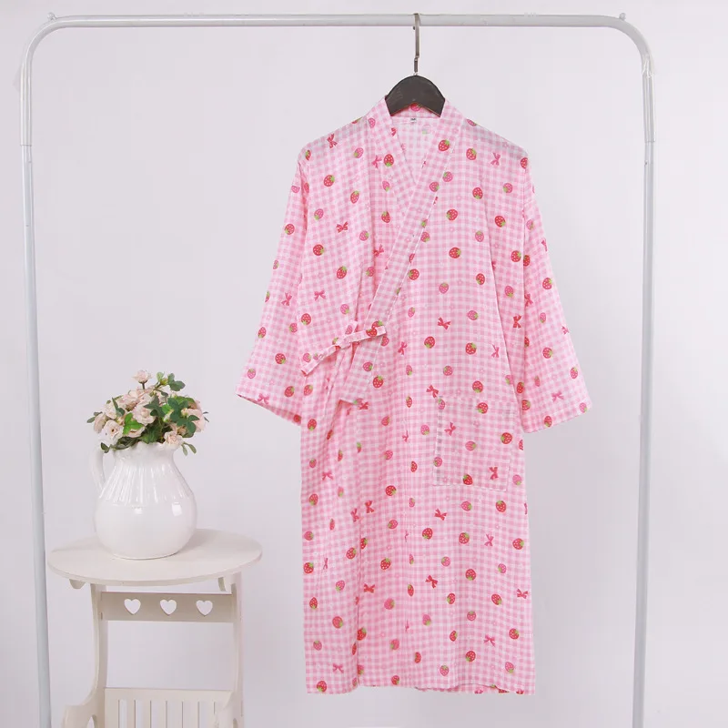 Women Japanese Kimono Traditional Pure Cotton Bathrobe Night Dress Sweet Printing Thin Long Sleeve Cardigan Yukata Home Clothes