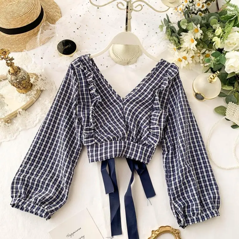 

Woherb Autumn New Shirts Women V Neck Long Sleeve Plaid Crop Tops Female Lace Up Ruffles Blouses Vintage Fashion Blusas 90743