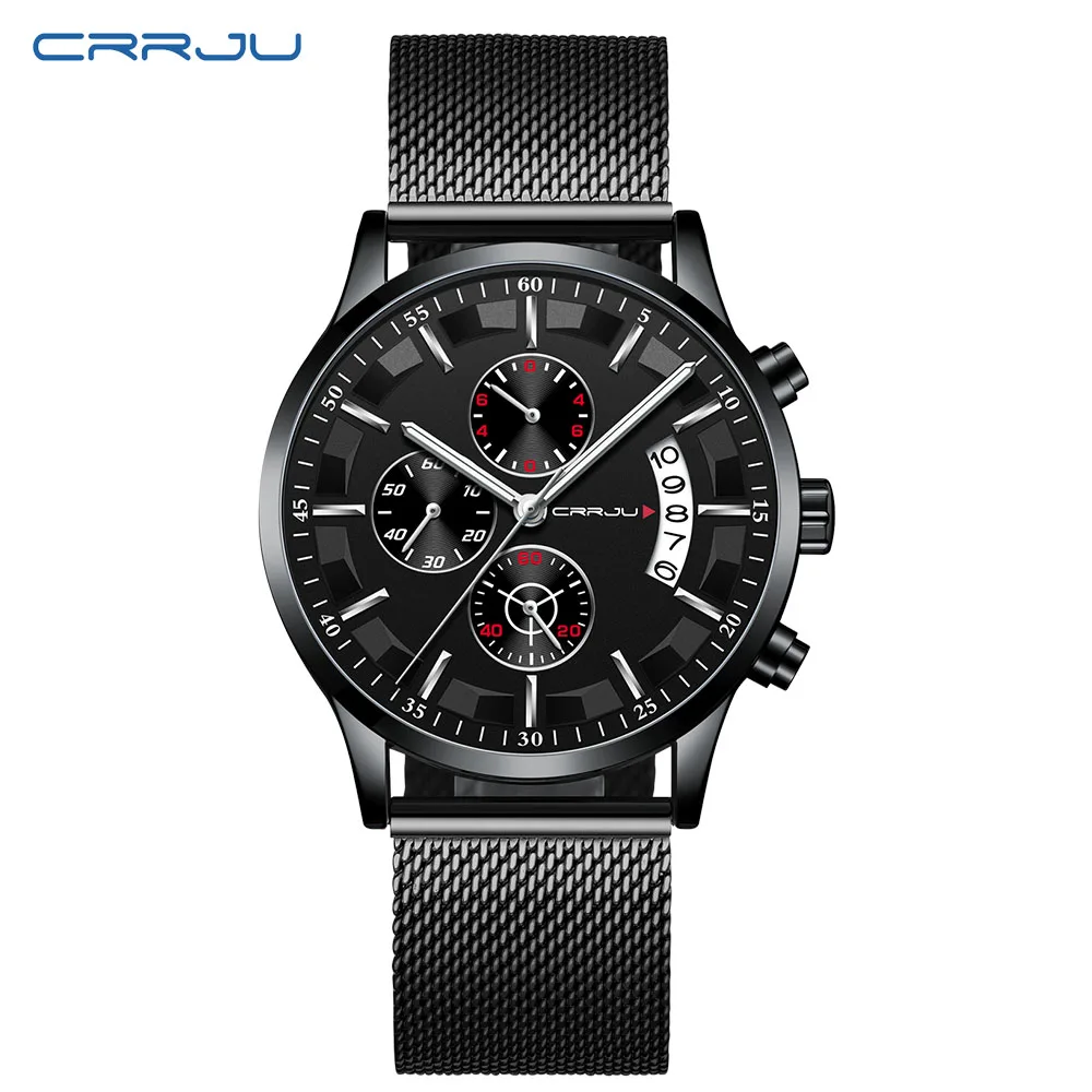 black black silver Дизайн CRRJU Роскошные мужские часы модные спортивные наручные часы водонепроницаемые кварцевые мужские часы сетка сталь синий Relogio Masculino - Цвет: black black silver