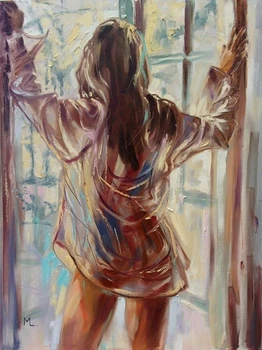 

Hand painted Modern Oil Canvas Painting the back of a sexy woman with white gauze Wall Art Picture for Bedroom decor