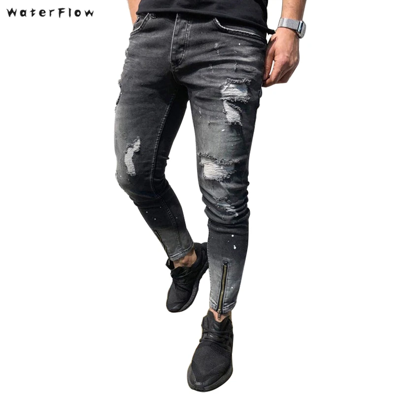 New Men Ripped holes jeans Zip skinny biker jeans black jeans with Pleated patchwork slim fit hip hop jeans men pants