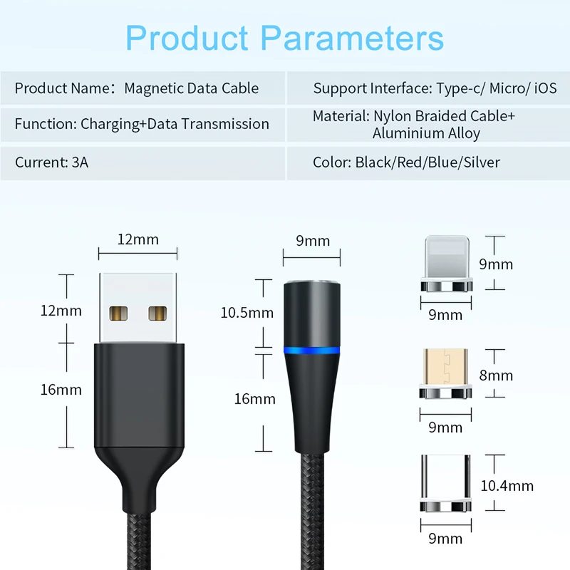 Магнитный кабель 3а 1 м, светодиодный кабель Micro usb type C, магнитный usb-кабель для зарядки iPhone X 7 huawei samsung, зарядный кабель для мобильного телефона