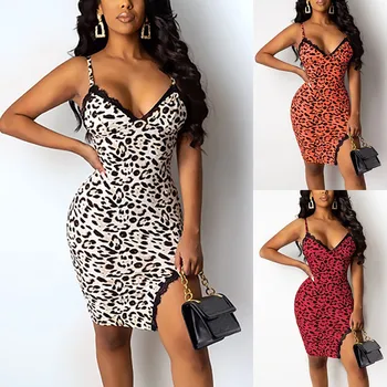

Fashion Ladies Dress Leopard Split Dress Women Summer Sleeveless Leopard Print V Neck Casual Beach Party Mini Dress Платье#35