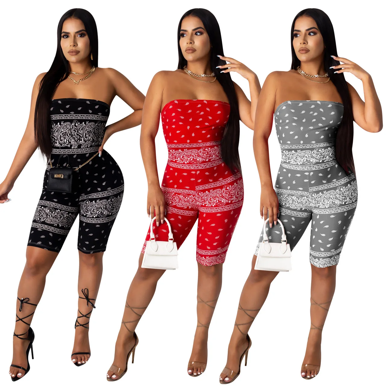 

2020 Summer Women's Jumpsuit European and American Sexy Style Model Casual Solid-color Pattern Print Fashion