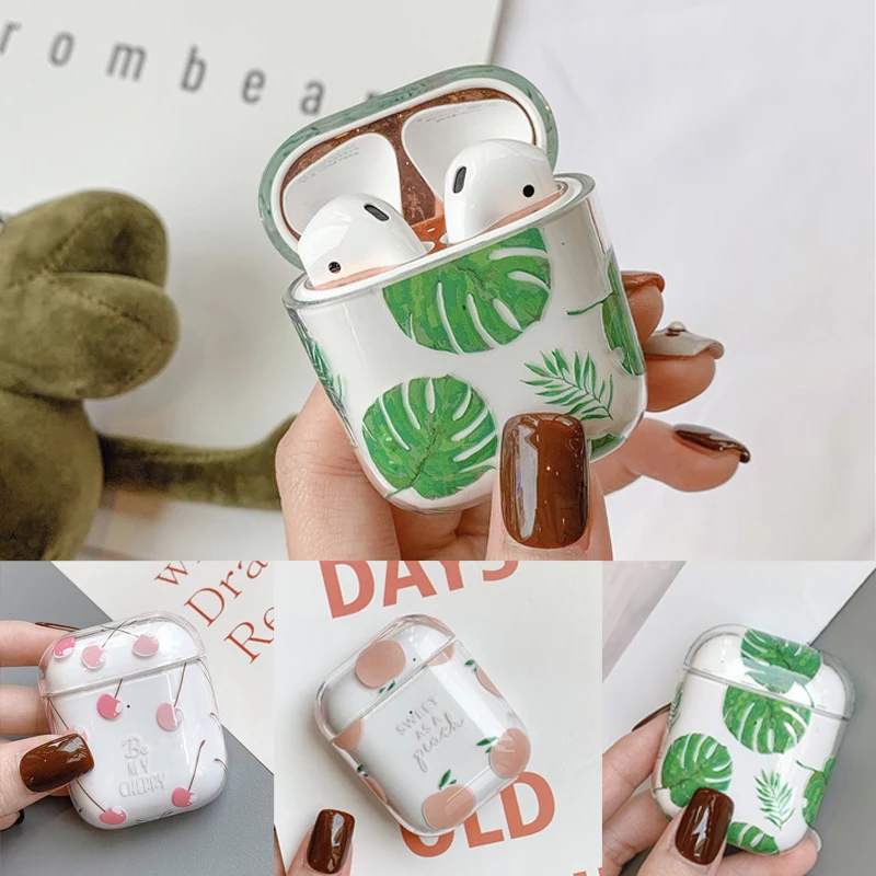 

For AirPods 2 Case luxury Leaves/cherries Transparent Protective Cover Bluetooth Wireless Earphone Case For Air pods 1/2 cover