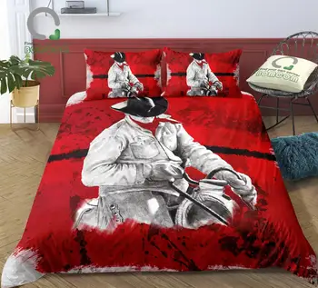 

BOMCOM Digital Printing Bedding Set Western Cowboy Riding Sketch On Red Background Duvet Cover 100% Microfiber