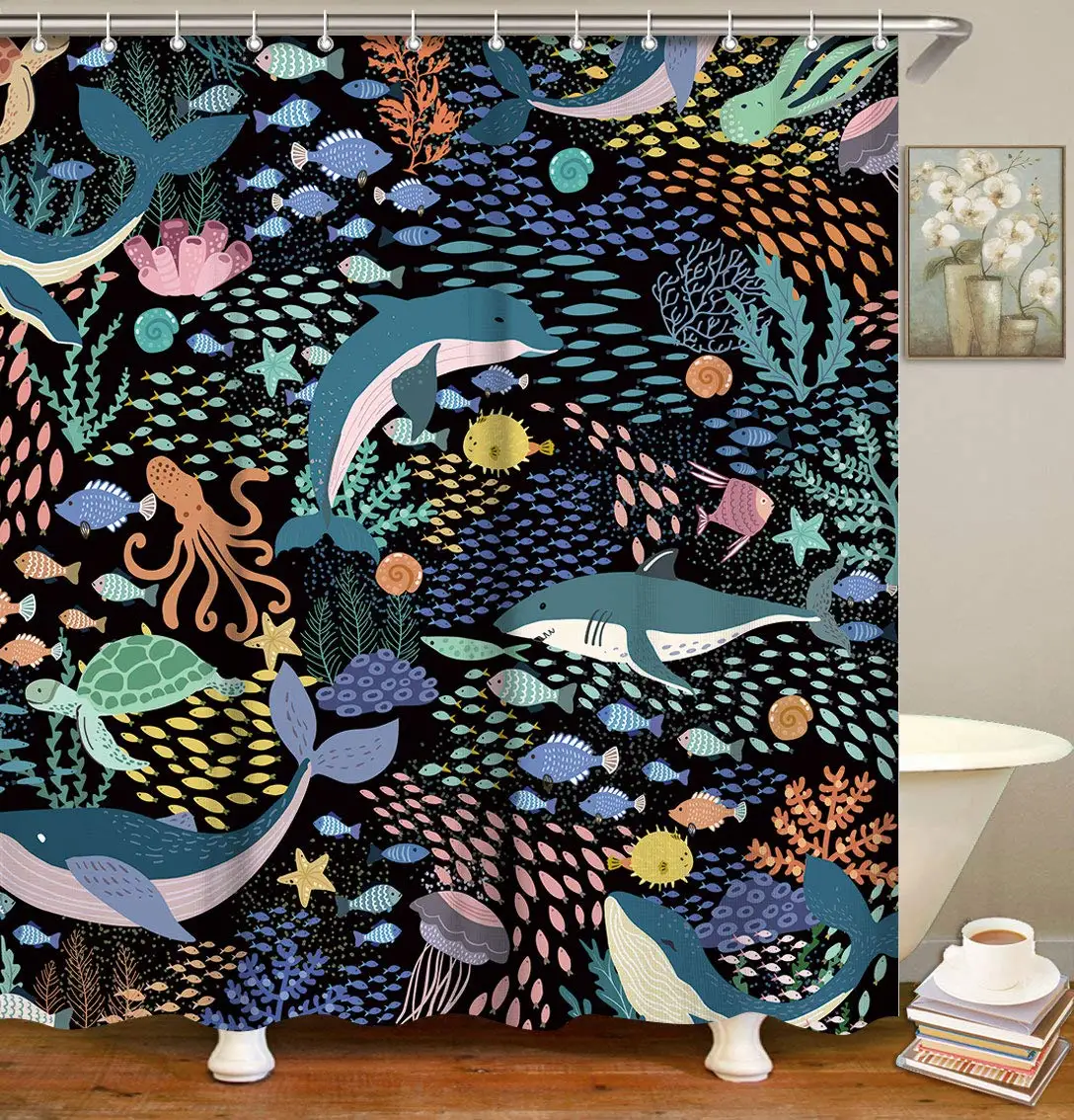 

Dolphin Animal Shower Curtain, Kids Fabric Bathroom Curtains Set with Hooks Shark Octopus Underwater World Bathroom Decor Cute