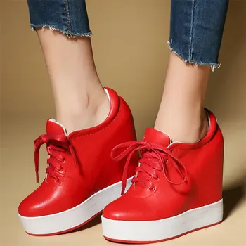 

Punk Snekaers Women Genuine Leather Wedges High Heel Ankle Boots Punk Trainers Female Round Toe Pumps Shoes Lace Up Tennis Shoes