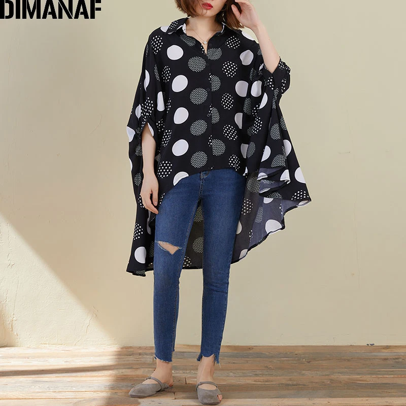 

DIMANAF Plus Size Women Blouse Shirts Summer Batwing Sleeve Lady Tops Oversize Chiffon Polka Dot Black Loose Casual Female 5XL