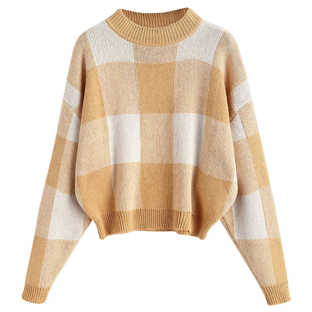 

ZAFUL New Diamond Plaid Sweater Women Color Matching Harajuku Clothing Stretch Knitwear Pullover Casual Style Female Tops Autumn