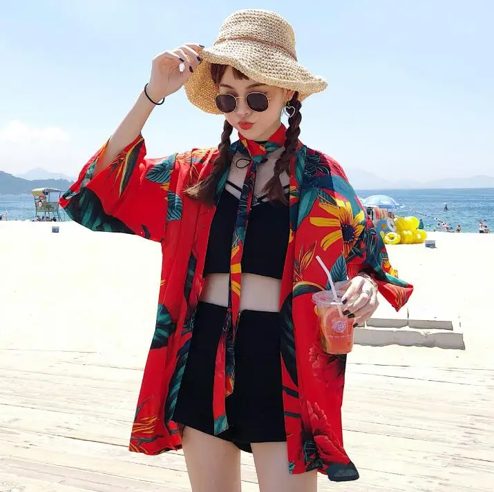 

Summer Seabeach Travel Thin Coat Japanese Fashion Bathrobe Kimono Cardigan Sweet Girl Loose Outer Garment