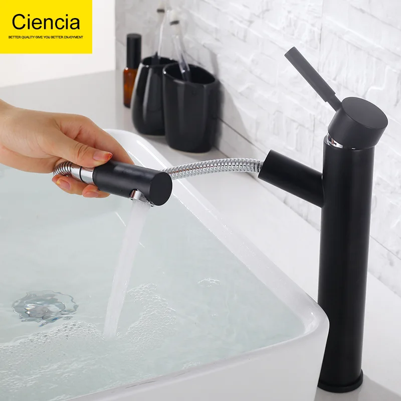

Black And White with Pattern European Style Pull-out High-Table Basin Faucet Bathroom Wash Basin Hot And Cold Faucet Tensile Lea