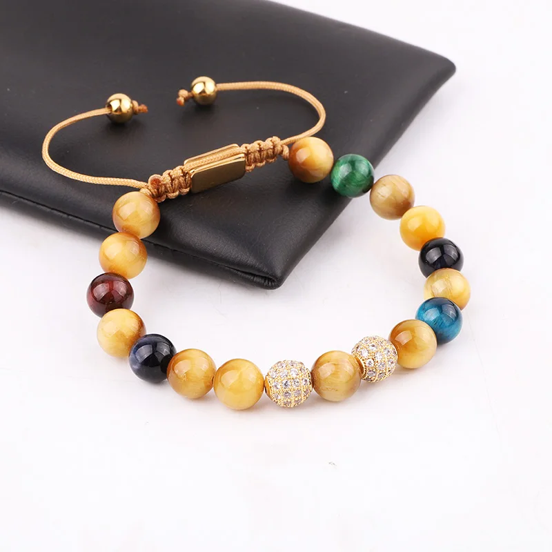 Jaravvi High Quantity 8mm Natural Stone Tiger Eye Crystal CZ Ball Cord Adjustable Macrame Bracelet For Women Men - Image 2