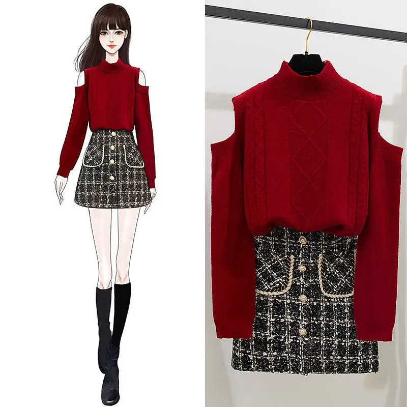 

ICHOIX elegant sweater + skirt Korean outfits women 2 piece set burgundy tops and plaid skirt set winter 2 pcs set clothing