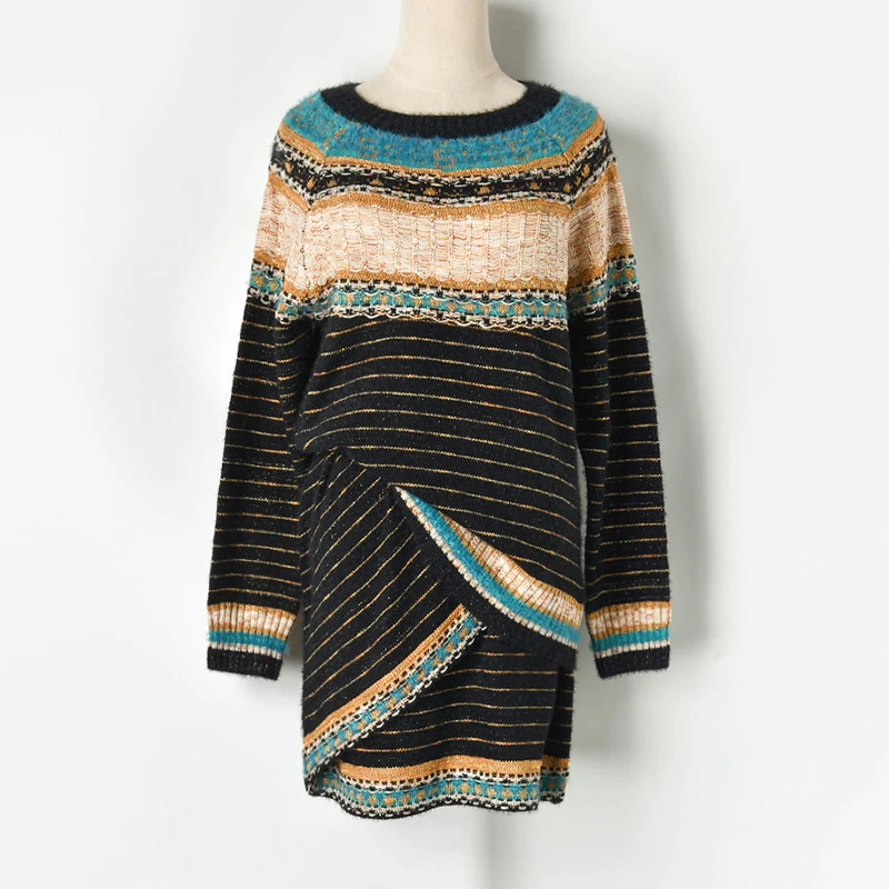 

Striped Sweater Dress Knitted Long Sleeve Patchwork Vintage Korean Autumn Winter Runway Knitted Dress Women Vestidos