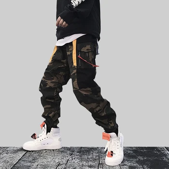 

Men Pants Hip Hop Camouflage Streetwear Ribbon Loose Joggers Sweatpants Multi-Pockets Male Trousers Men Clothing