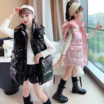 

New 2020 Hooded Bright Vests for Big Kids Winter Pure Color Long Down Coat Teenage Girls Warm Sleeveless Waistcoats 4 8 12 16Yrs
