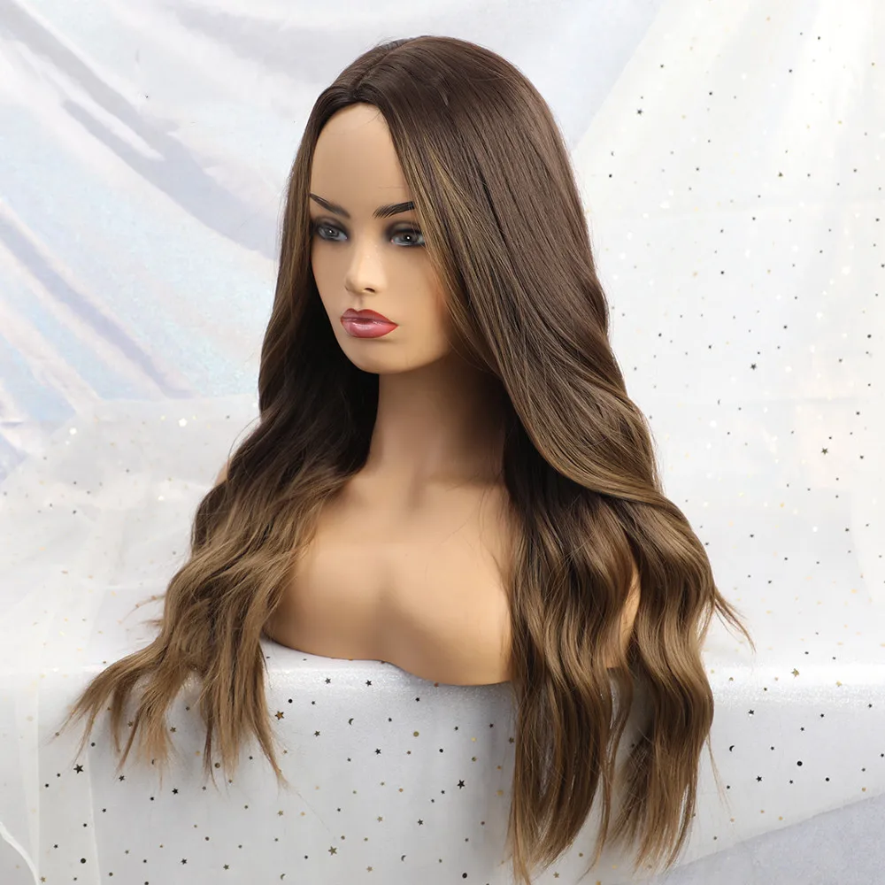Best TINY LANA Long Synthetic Wigs Ombre Brown Blonde Middle Part Heat Resistant Wavy Wigs For Women Cosplay Party
