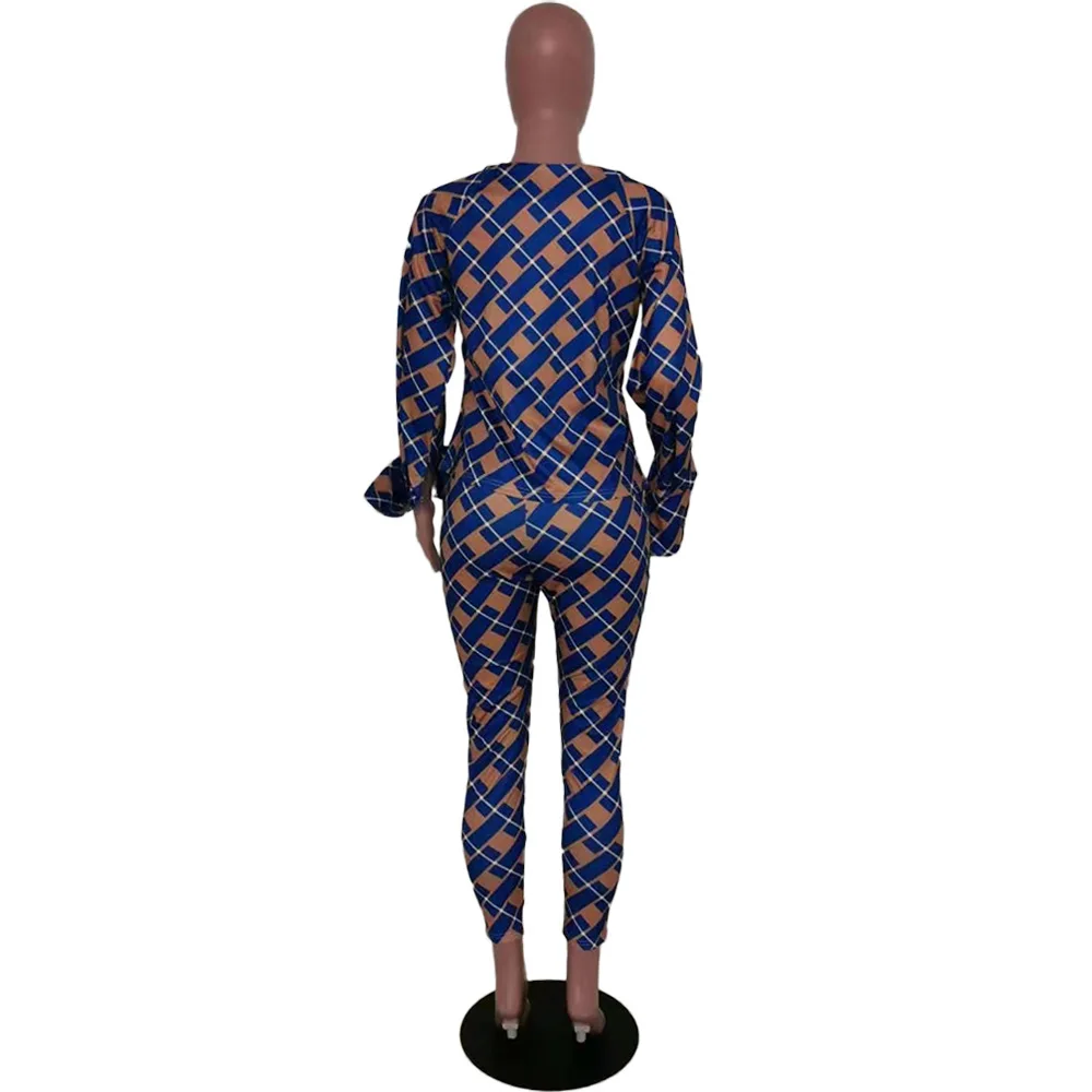 Европейская и американская Женская Осенняя Новая мода темперамент Свободная блуза с длинными рукавами+ клетчатые брюки из двух частей