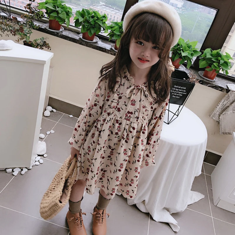 Autumn Girls Long Sleeve Chiffon Floral Princess Dresses Baby Children Fashion Round Neck Bow Cute Dress Toddler Clothing
