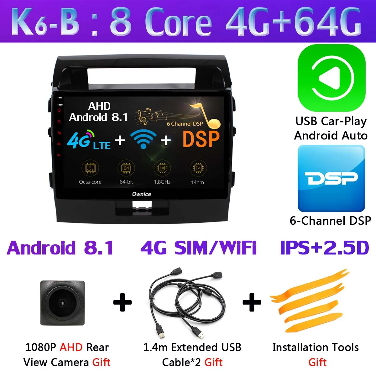 K6-B-CarPlay 360 ° панорамный Android 9,0 4G+ 64G gps радио CarPlay SPDIF DSP автомобильный мультимедийный плеер для Toyota Land Cruiser 200 LC200 2007 - Цвет: K6-B-CarPlay
