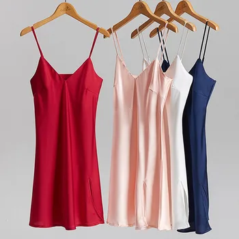 

Sexy Satin Sleepdress Women Summer Solid V-neck Camis Sleepshirts Nightdress Silk Mini Night Dress Underwear nightgowns