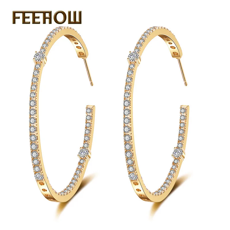 Gold Color FEEHOW Цирконий высокого качества модные большие круглые серьги-кольца для женщин Свадебная вечеринка юбилей подарок на день рождения FWEP2295 - Окраска металла: Gold Color
