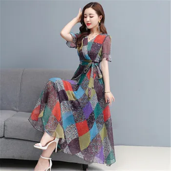 

Fashion floral silk dress 2020 summer new temperament A-shaped V-neck waist beach swing dress Vestidos female
