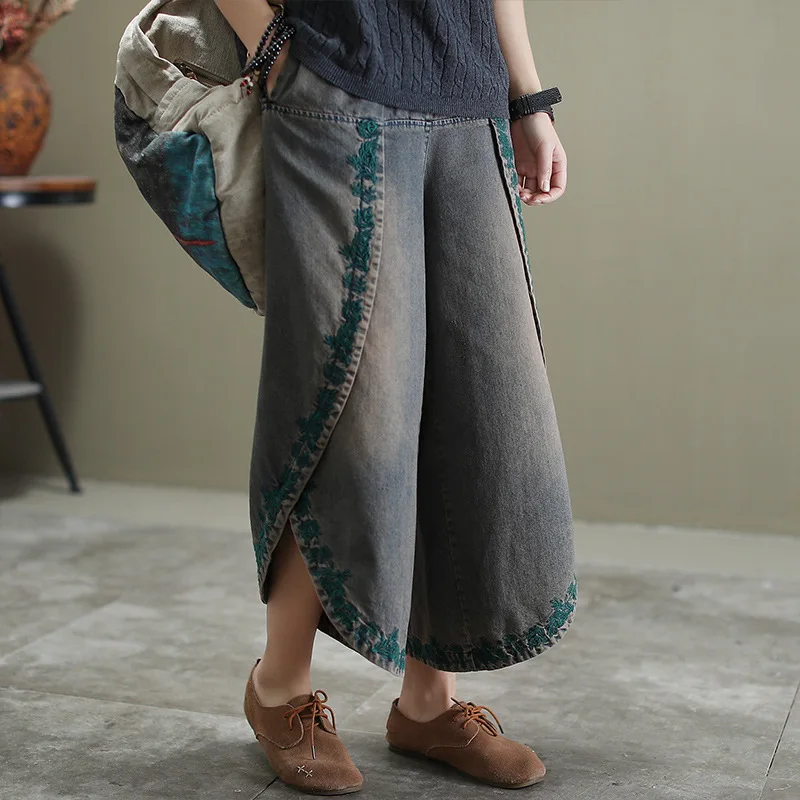 

Fashion Denim Jeans For Women Loose Elastic Waist Wide Leg Pants Embroidery Irregular Denim Trousers Female Ankle-length Pants