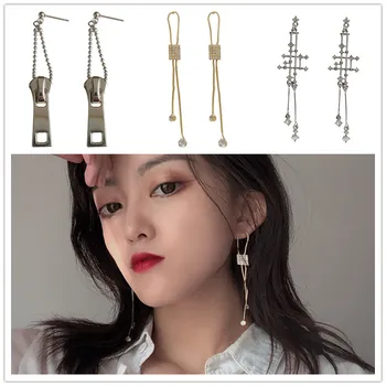 

Timlee E034 Temperamental Geometry Zipper Rhinestone alloy Long Dangle Earrings Fashion Accessories Wholesale
