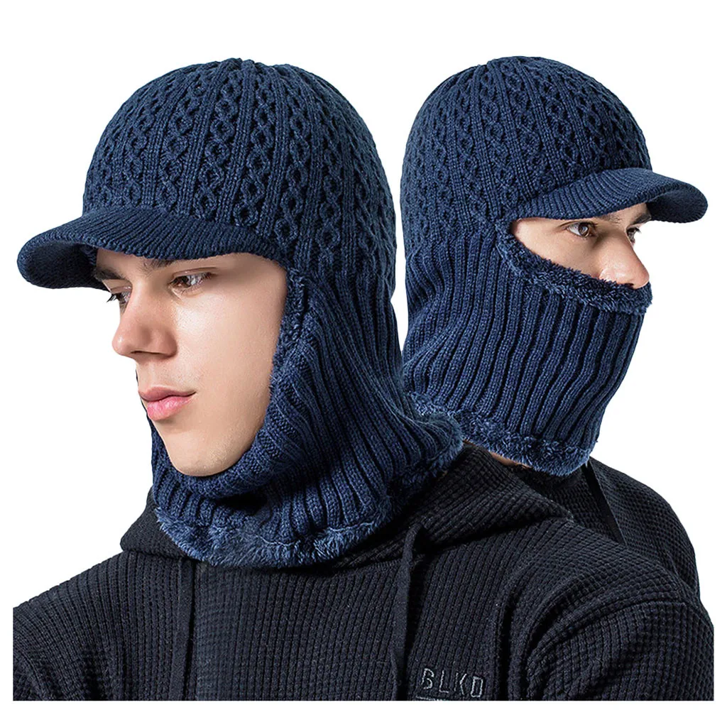 2 Ways To Wear Men's Winter Hat Cap Collar Set Plus Velvet Thick Knit Hat
