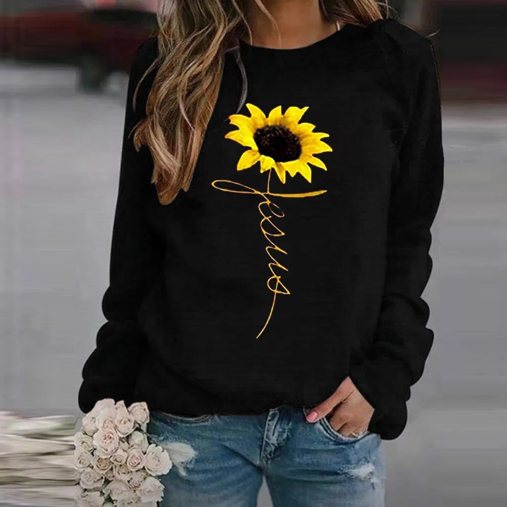 Womens Sun Flower Printing Hooded Long Sleeve Hoodie Loose Sweatshirt Hooded Pullover Tops Blous with Pockets Tops 