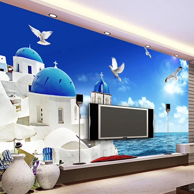Custom Self-Adhesive Waterproof Mural Wallpaper 3D Blue Sky And White Clouds Church Seascape Stickers Bathroom Removable Poster |
