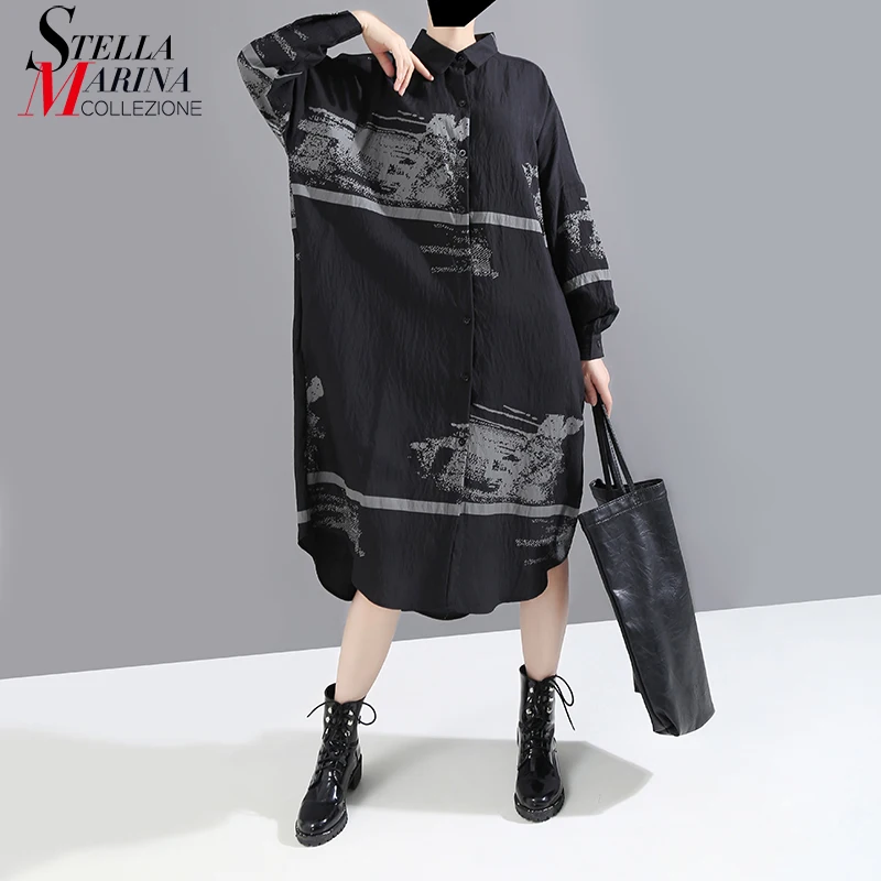 * Новинка 2019 корейский стиль женское черное платье рубашка с принтом длина до