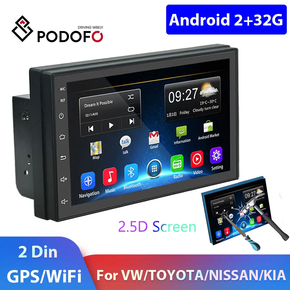 Podofo 2din автомобильный Радио Android мультимедийный плеер GPS Navi 2 DIN Авторадио для Volkswagen