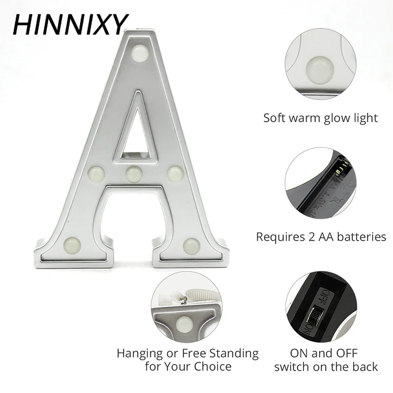 Hinnixy, 26 букв, светодиодный, серебристый, декоративный, Ночной светильник, алфавит, на батарейках, для дня рождения, вечеринки, Ночной светильник, подарок на день Святого Валентина