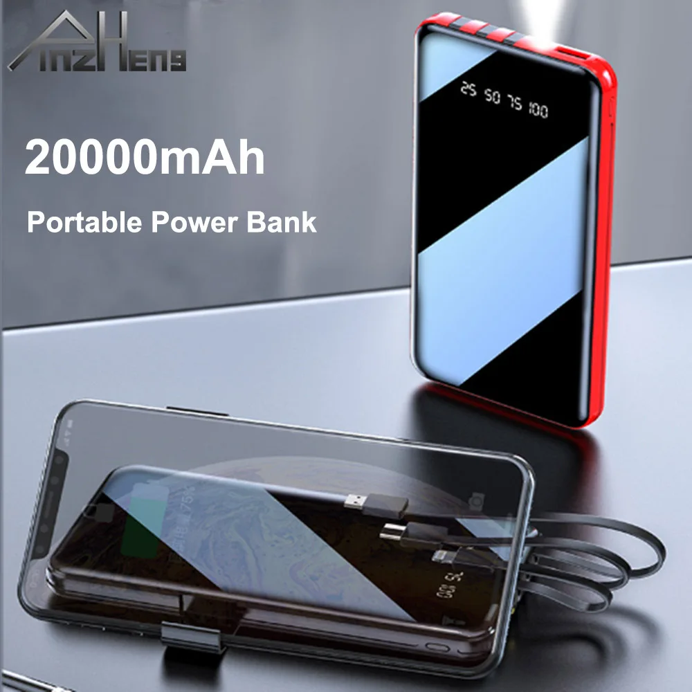 

PINZHENG 20000mAh Portable Power Bank Full Screen Built-in 3 Cables Powerbank Fast Charging External Battery For iPhone Xiaomi